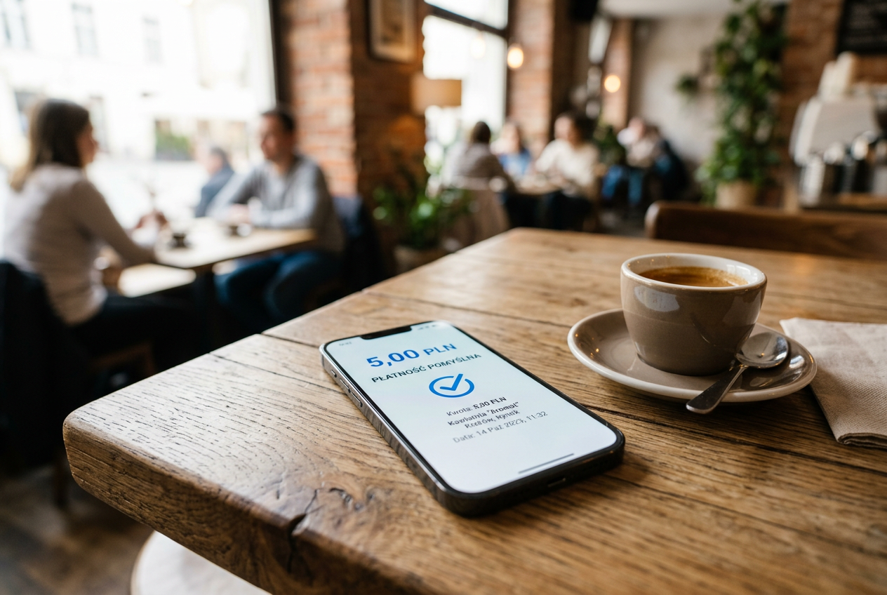 A smartphone showing a 5 PLN transaction successful screen next to a coffee cup.